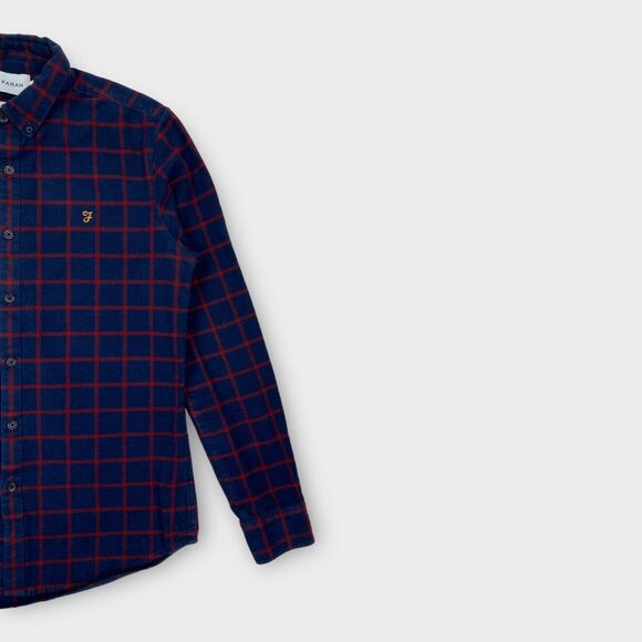 Farah Shirt Mens Small Slim Fit Flannel Windowpane Check Navy Logo Button Down - Picture 5 of 13